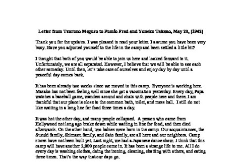 Letter from Tsuruno Meguro to Fumio Fred and Yoneko Takano, May 20, 1942, English translation (ddr-csujad-42-45)