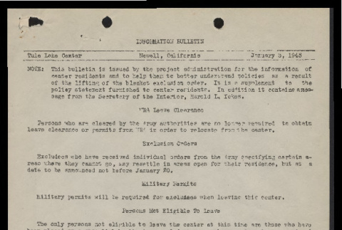 Tule Lake WRA Center information bulletin (January 3, 1945) (ddr-csujad-55-183)