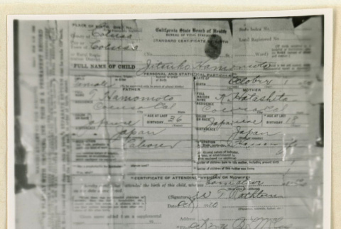 Jitsuko Hamamoto birth certificate (ddr-densho-37-1593)