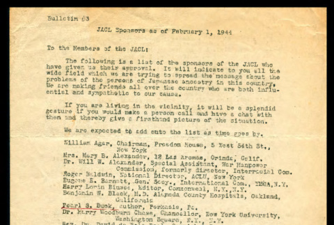 Bulletin, no. 3 (1944): JACL sponsors as of February 1, 1944 (ddr-csujad-55-12)