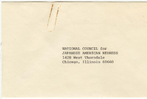 National Council for Japanese American Redress Fundraising letter and envelope (ddr-densho-352-112)