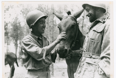 William Hirata with Italian soldier and pack mule (ddr-densho-1007-165)