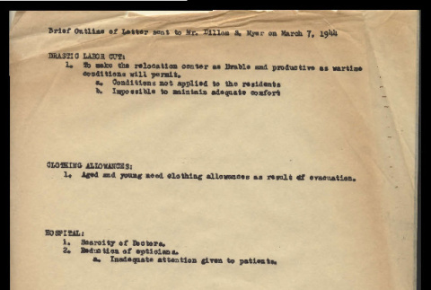 Brief outline of letter sent to Mr. Dillon S. Myer on March 7, 1944 (ddr-csujad-55-979)