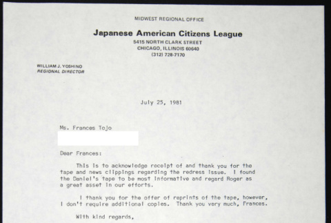 Letter to Frances Tojo from Bill Yoshino (ddr-chijacl-1-604)
