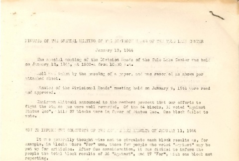 [Minutes of the special meeting of the divisional heads of the Tule Lake Center, January 12, 1944] (ddr-csujad-2-33)