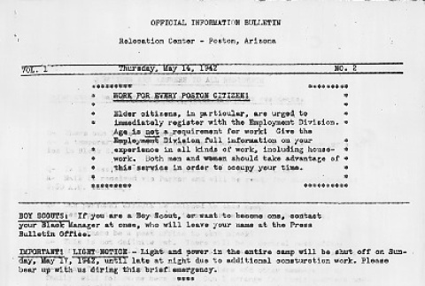 Poston Information Bulletin Vol. I No. 2 (May 14, 1942) (ddr-densho-145-2)