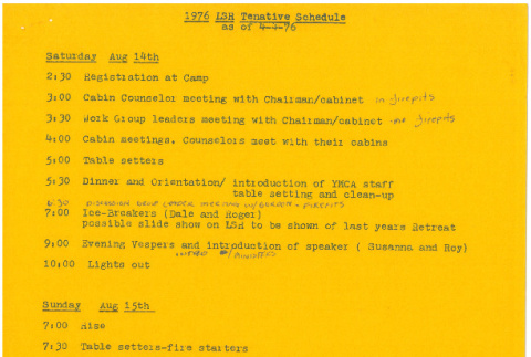 Tentative schedule for the 1976 Lake Sequoia Retreat (ddr-densho-336-897)