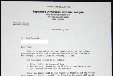 Letter to Paul Igasaki from Bill Yoshino (ddr-chijacl-1-726)