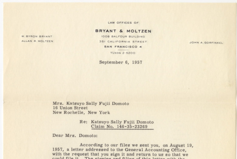 Letter to Sally Domoto from John Gorfinkel (ddr-densho-329-1238)