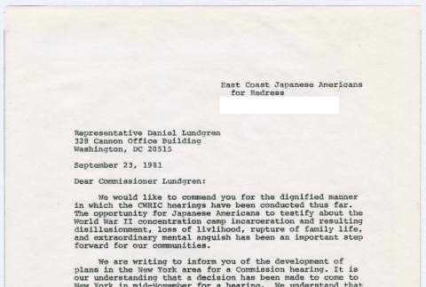 Carbon copy of page 1 of letter to Rep. Daniel Lucdgren from Sasha Hohri and Michi Kobi (ddr-densho-352-483)
