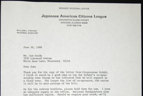 Letter to Sam Honda from Bill Yoshino (ddr-chijacl-1-434)
