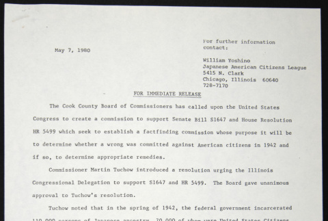 Press Release from Japanese American Citizens League (ddr-chijacl-1-149)