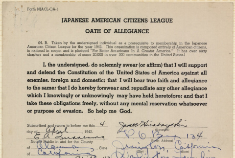 JACL Oath of Allegiance for James M. Hirabayashi (ddr-ajah-7-58)