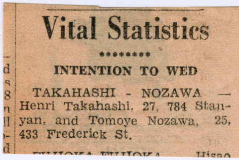 Newspaper clipping of engagement announcement (ddr-densho-410-450)
