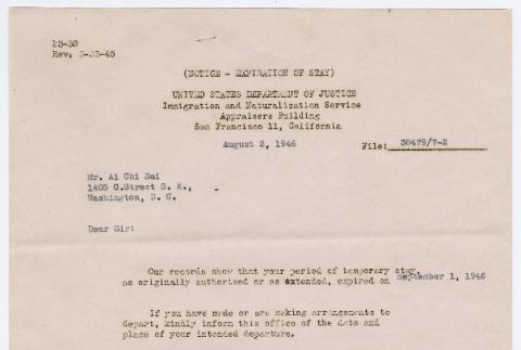 Letter from Stan Olson, Immigration and Naturalization Service, to Ai Chih Tsai (ddr-densho-446-225)