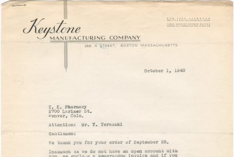Letter regarding a purchase from Keystone Manufacturing Company (ddr-densho-319-588)