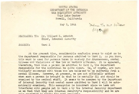 Memo from Jack C. Sleath, M. D., Chief Medical Officer, War Relocation Authority, to Willard E. Schmidt, Chief, Internal Security, May 5, 1944 (ddr-csujad-2-101)