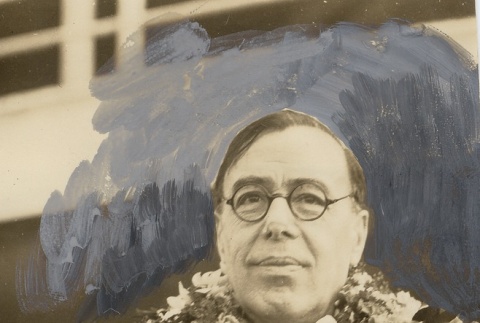 Victor S. K. Houston wearing leis (ddr-njpa-2-433)