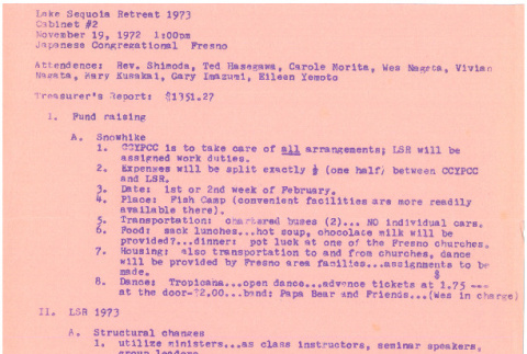 Meeting minutes for planning the 1973 Lake Sequoia Retreat (ddr-densho-336-594)