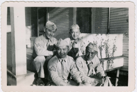 Four Soldiers pose on Porch Steps (ddr-densho-368-599)