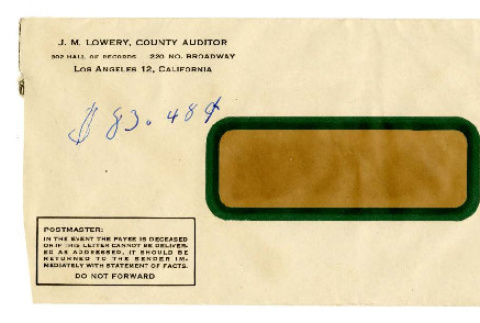 Envelope from J. M. Lowery, County Auditor to [Seiichi Okine], March 9, 1946 (ddr-csujad-5-196)