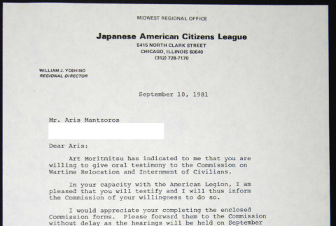 Letter to Aris Mantzoros from Bill Yoshino (ddr-chijacl-1-570)
