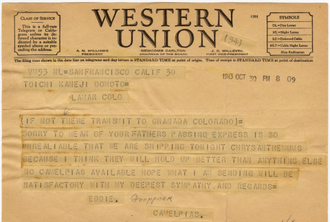 Western Union Telegram to Toichi Domoto from Eddie Goeppner (ddr-densho-329-660)