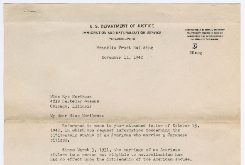 Letter from Earl G. Harrison, US Dept. of Justice Commissioner, to Ryo Morikawa (ddr-densho-446-76)