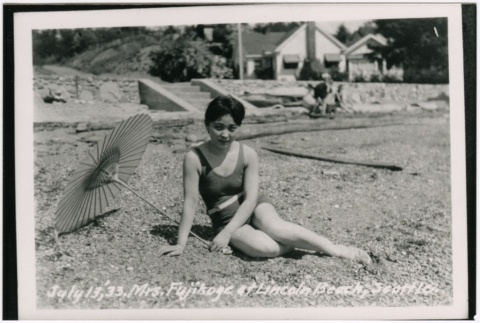 Mrs. Fujikoge at Lincoln Beach (ddr-densho-353-242)