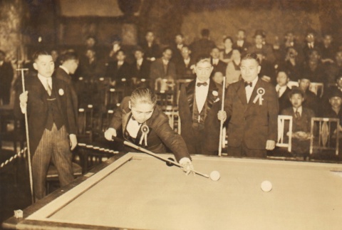 Kinrey Matsuyama in a billiards competition with Koji Yamada (ddr-njpa-4-906)