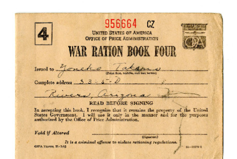 War ration book four, OPA form R-145, Yoneko Takano (ddr-csujad-42-126)