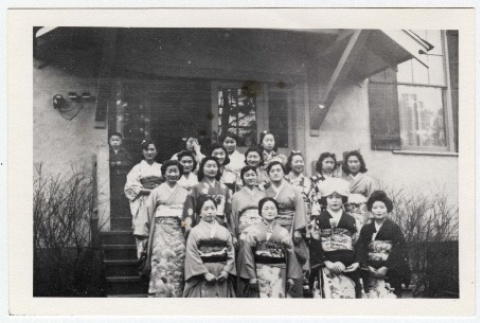 Nikkei Women in Kimono's outside the Hood River Japanese Community Hall (ddr-densho-259-645)