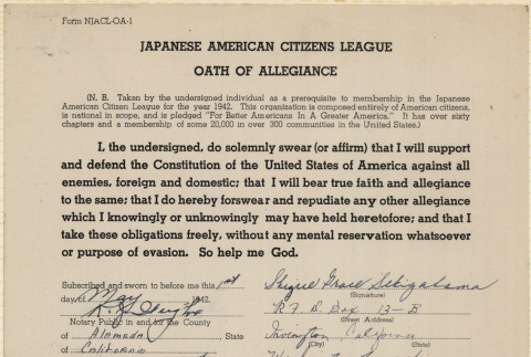 JACL Oath of Allegiance for Shizue Grace Sekigahama (ddr-ajah-7-119)