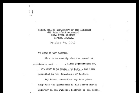 Memo from Henry C.  Freeland, Relocation Advisor, Gila River Project to Whom It May Concern re: Permission for Masatoshi Abe to travel, October 24, 1945 (ddr-csujad-55-30)