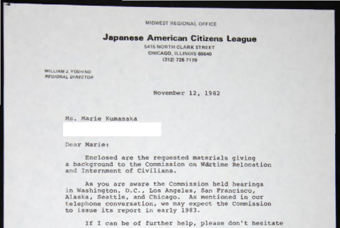Letter to Marie Kumasaki from Bill Yoshino (ddr-chijacl-1-776)