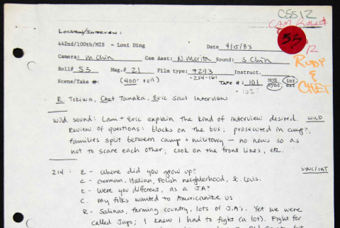 Rudy Tokiwa and Chet Tanaka camera notes for Nisei Soldier (ddr-densho-1007-1391)
