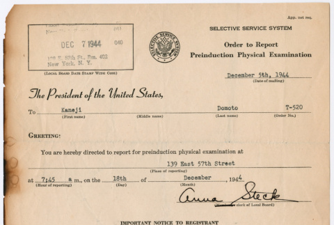 Order to report pre-induction Physical Examination (ddr-densho-329-1033)