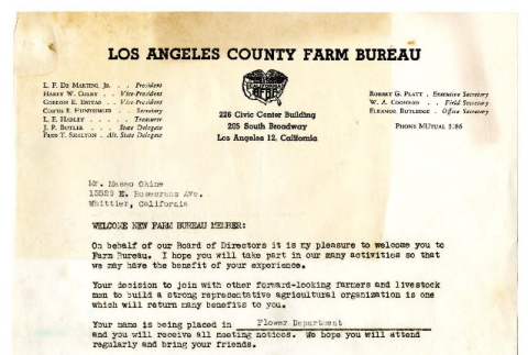 Letter from Louis F. De Martini, Jr., President, Los Angeles County Farm Bureau to Mr. Masao Okine (ddr-csujad-5-279)