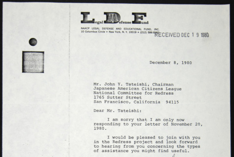 Letter to John Tateishi from Jack Greenberg of the NAACP Legal Defense Fund (ddr-chijacl-1-129)
