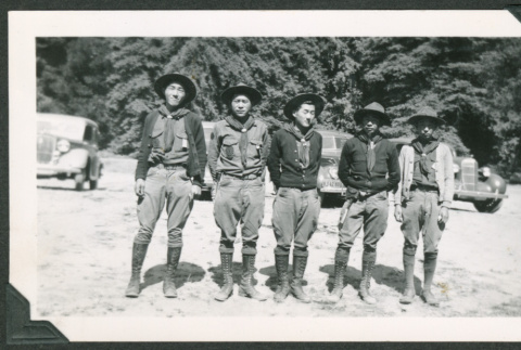 Five men in Boy Scout gear (ddr-densho-475-736)