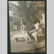 two women sitting on bench under palm (ddr-densho-378-696)