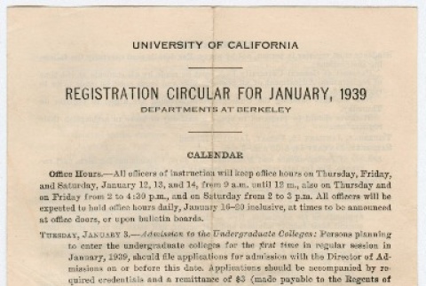 Registration Circular for January 1939 at the University of California, Berkeley and Kaneji Domoto's final grades dated 8/26/1938 (ddr-densho-329-344)