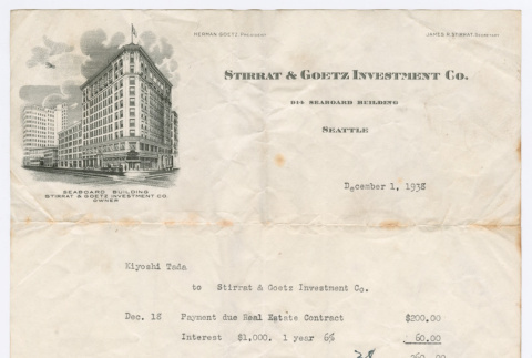 Invoice for Real Estate Contract for Kiyoshi Tada (ddr-densho-540-10)