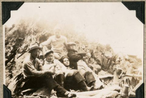 Five men resting near river (ddr-densho-383-42)