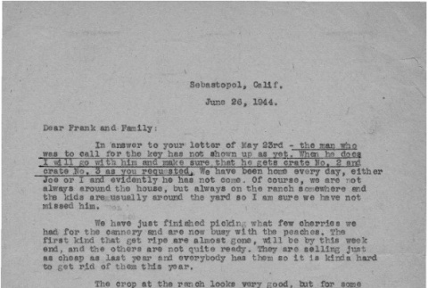 Letter from Lea Perry to Frank Ito and family, June 26, 1944 (ddr-csujad-56-83)