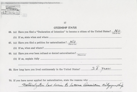 U.S. Department of Justice Alien Enemy Questionnaire page 17 of 26. (ddr-one-5-137)