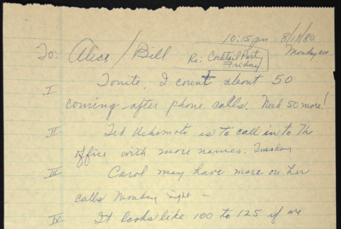 Memo to Alice (Esaki) and Bill (Yoshino) with notes on Redress Fundraiser (ddr-chijacl-1-456)
