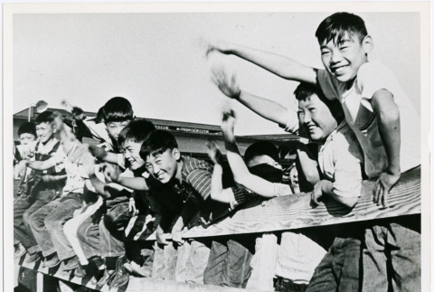 Group of young Japanese American boys sitting on fence (ddr-densho-122-736)