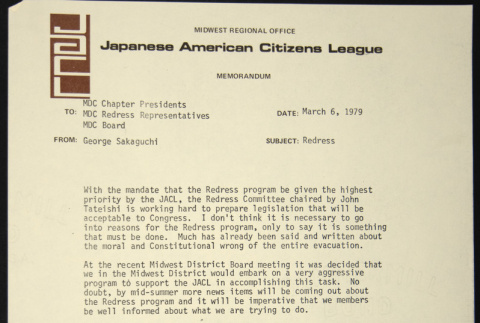 Memo to MDC Chapter Presidents, Redress Representatives and MDC Board from George Sakaguchi (ddr-chijacl-1-232)