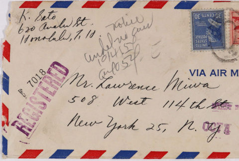 Envelope addressed to Lawrence Miwa from Mrs. K. Sato [Katherine Kiyoko (Miwa) Sato] (ddr-densho-437-283)